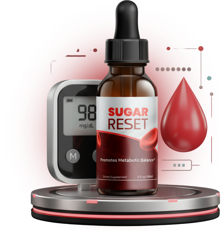 Sugar Reset dropper bottle beside a glucose meter